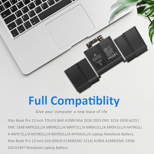 A1964 A1989 Battery Replacement for MacBook Pro 13 Inch A1989 (Mid 2018, 2019) & A2251 (2020), EMC 3214 3358 3348, MR9Q2LL/A MR9R2LL/A MR9T2LL/A/ MV962LL/A MV972LL/A MWP42LL/A MWP52LL/A MWP62LL/A - size: 9.92x3.31x0.28inch A1964