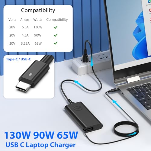 130W USB C Laptop Charger Compatible with Dell XPS 15 17 2in1 9575 9500 9700 Latitude 5280 5420 7210 7410 7480 Precision 5530 2in1 5550 5750 3560 DA130PM170 Power Adapter Cord Supply - color: Black3