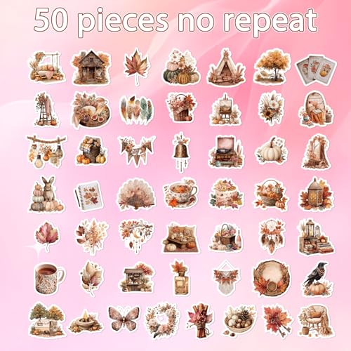 50 Pcs Fall Autumn Aesthetic Stickers Pumpkin Scrapbook Stickers | Fall Pumpkin Leaf Desgin, Waterproof, Vinyl Decals for Water Bottle Luggage Laptop Journal - style: Fall
