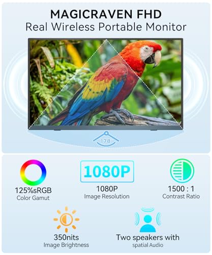 Wireless Portable Monitor for Laptop, 15.6" Portable Monitor with Battery | 1080P FHD Second Screen for Home & Office, AirPlay & Miracast Casting, No Cables or Drivers Needed