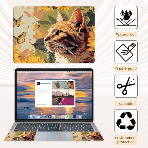 15.6 Inch Laptop Skin Sticker, Reusable Vinyl Cover Protector with 2 Wrist Pad Skins, Removable Waterproof Scratch-Resistant for 12-15.6 Inch Laptop Notebook,Cat with Sunflowers Butterflies - color: Cat With Sunflowers Butterflies