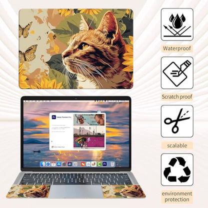 15.6 Inch Laptop Skin Sticker, Reusable Vinyl Cover Protector with 2 Wrist Pad Skins, Removable Waterproof Scratch-Resistant for 12-15.6 Inch Laptop Notebook,Cat with Sunflowers Butterflies - color: Cat With Sunflowers Butterflies