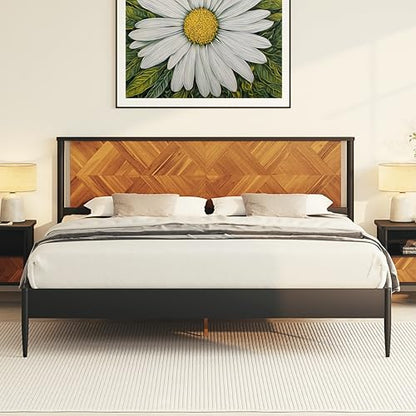 Howizz Lenia Solid Wood King Bed Frame with Headboard, Mid Century Modern Rustic Farmhouse Style, Chevron Diamond Pattern, Solid Acacia Wood Platform Bed, King Size, Golden Brown Black, Noise Free - color: Teak Brown, size: King Bed Frame