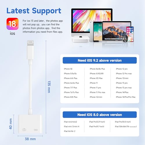[Apple MFi Certified] Lightning to USB 3.0 Camera Adapter with Charging Port, High Speed OTG Adapter for iPhone iPad, Support SD Card Reader, 4K Video Transfer, MIDI Keyboard, Mic, Flash Drive, Mouse - style: Lightning+Charging