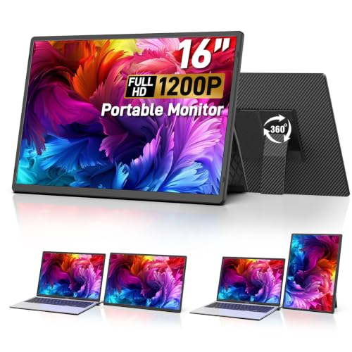 16" Portable Monitor for Laptop, 1200P IPS Laptop Screen Extender | Plug & Play Dual Monitor, 360° Rotating Stand, Ultra Slim Travel Monitor for Laptop, PC, MacBook, PS5 - color: Metallic Black