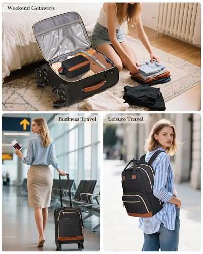 RAINSMORE Carry On Luggage with wheels, Softside Suitcases Set 3 Piece | 22x14x9 Airline Approved, Luggage Sets with Backpack & Toiletry Bag, Rolling Suitcase with TSA Lock, for Travel Weekender - color: Black-Brown