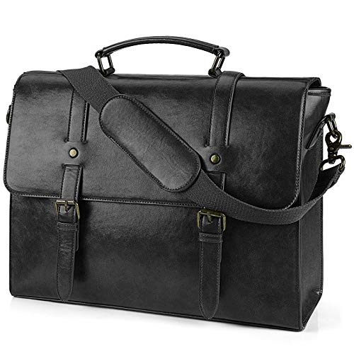 Leather Mens Messenger Bag Vintage 15.6 Inch Waterproof Leather Laptop Briefcase Large Satchel Shoulder Bag Retro Office College Computer Laptop Bag, Black - color: Black