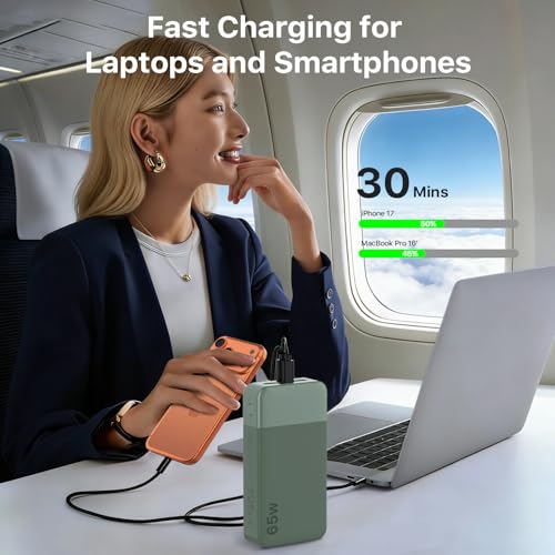 NOBIS 20000mAh Battery Pack Power Bank 65W Power Bank, Portable Charger with Digital Display, Dual USB-C/USB-A Fast Charging for Laptop, Phone, Tablet, Travel-Friendly External Battery Pack - color: Green