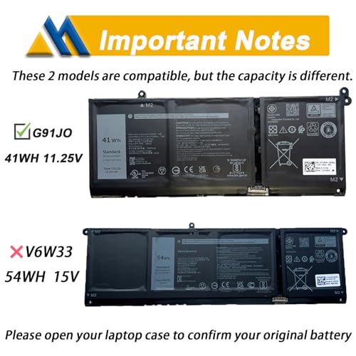 41Wh G91J0 Battery Replacement for Dell Latitude 3520 3420 3320 3330 Inspiron 3511 3515 3525 3530 5310 5410 5418 5510 5515 5518 14 Plus 7420 7415 2-in-1 Vostro 5620 5625 11.25V 3467mAh - size: 8.39*3.47*0.23 inch G91J0