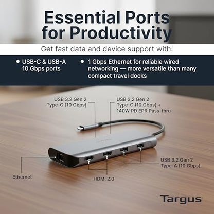 Targus Dual Video Mobile Dock with 140W EPR Power Pass-Through, Dual HDMI 4K@60Hz, 2X USB-C & 2X USB-A 10Gbps, Gigabit Ethernet, EcoSmart Design DOCK427GL