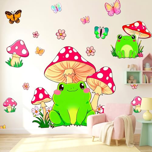 Cute Frog Red Mushroom Wall Decal Butterfly Flower Kids Nursery Decor Art | Adorable forest themed wall art, butterflies small flowers, removable vinyl decor for nursery, kids bedroom, preschool - style: Mushroom#5