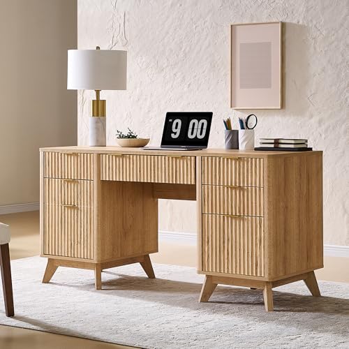 T4TREAM Fluted Executive Desk with Drawers, 60" Modern Home Office Computer Desk with Charging Station, File Cabinet, Keyboard Tray and Storage Cabinet for Study, Living Room, Bedroom, Natural Oak - color: Natural Oak