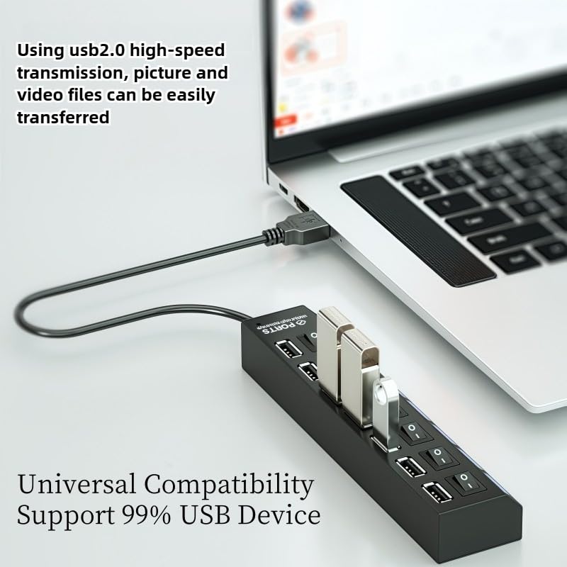 USB Hub, High Speed 7-Port Splitter with Individual LED Light Switches, Black, for PC and Laptop (black-7in1) - color: black-7in1