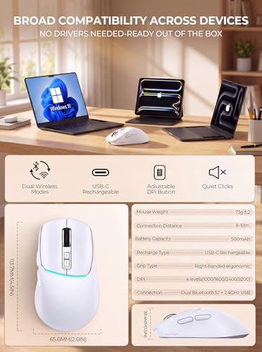 RAPIQUE Wireless Mouse, Dual Bluetooth & 2.4G, White | Multi-Device for 3 Devices, USB-C Rechargeable, Quiet Click, 4 DPI Levels up to 3200, Ergonomic Right-Hand for MacBook, PC - color: White