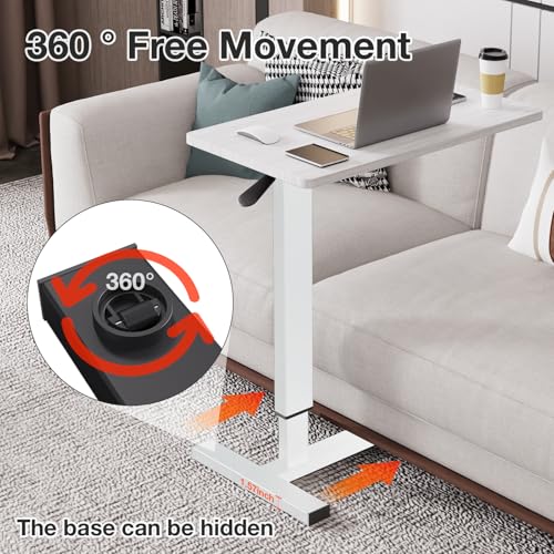 Adjustable Overbed Bedside Table with Wheels, Hospital Bed Table for Home Rolling Laptop Table, Pneumatic Mobile Standing Desk, White