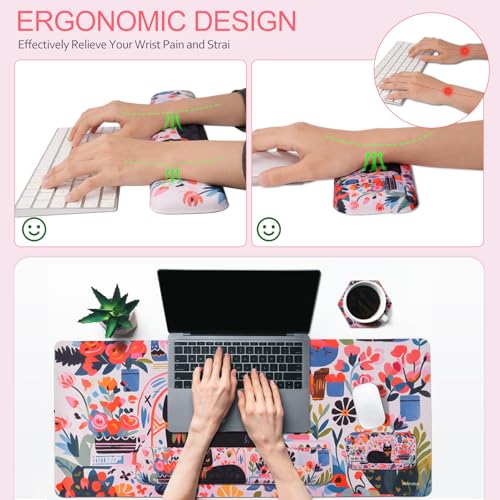 Petmolico 4-in-1 Wrist Rest Set with Desk Pad, Cat and Flowers | Non-slip PU base, soft Lycra & memory foam, ergonomic pain relief, great for home/office - color: Rose