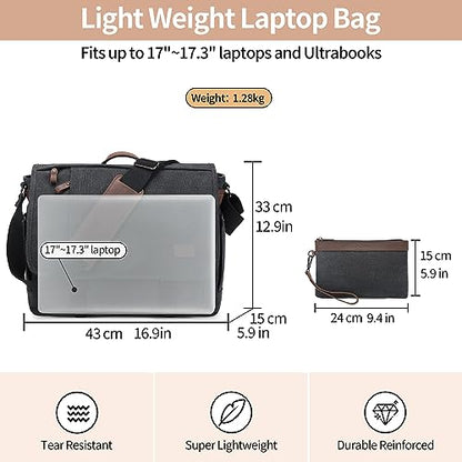 Nerlion Messenger Bag for Men 17-17.3 Inch Laptop Bag Canvas Water-resistant Computer Bag Shoulder Bag Work Briefcase Bookbag for College (Dark Gray) - color: Dark Gray