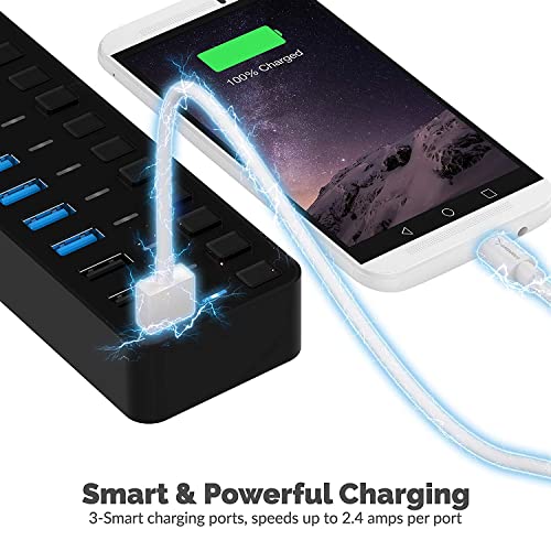 SABRENT 10-Port Powered USB 3.0 Hub, 3 Charging Ports, 60W (HB-B7C3) | Individual power switches & LEDs; for PC, Mac, Xbox, PS5, laptop, desktop - size: 10-Port - 7 USB 3.0 + 3 Charging