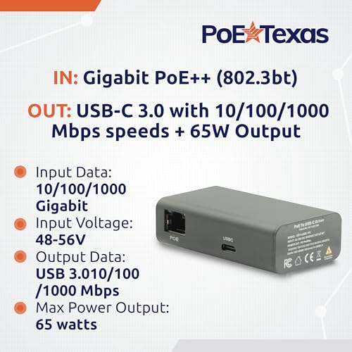 Gigabit PoE++ to USB-C Converter with 65W Power Delivery - size: 60w Gigabit Power + Data