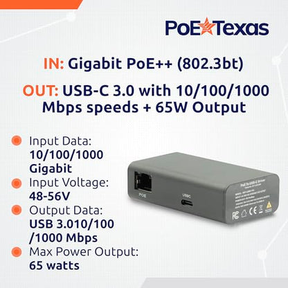 Gigabit PoE++ to USB-C Converter with 65W Power Delivery - size: 60w Gigabit Power + Data