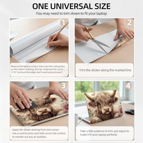 Highland Cow Butterfly Floral Universal Laptop Skin Sticker 3PCS, Protective Decal Trim-to-Fit 11.6" 13.3" 14" 15.6" Laptop Vinyl Cover, Removable Anti-Scratch Computer Decal Protector - color: Highland Cow Butterfly Floral