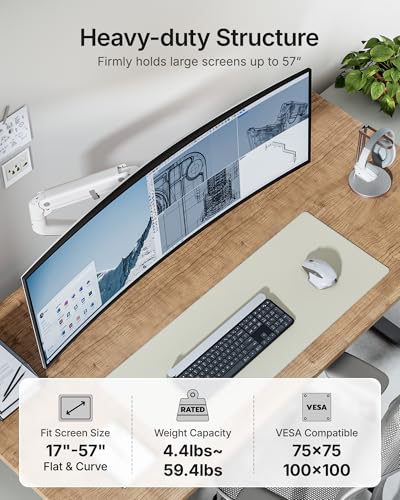 monTEK Heavy Duty Monitor Arm, 17-57" Ultrawide, Gas Spring, with USB，White | Desk Monitor Mount Holds Max 57" Ultrawide Curved Screen Up to 59.4 lbs with USB 3.0A/C,No Sag,Clamp & Grommet Arm,75/100VESA - color: White, size: with USB
