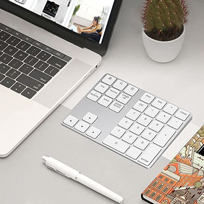 Lekvey Bluetooth Number Pad, Aluminum Rechargeable Wireless Numeric Keypad Slim 34-Keys External Numpad Keyboard Data Entry for Laptop, MacBook, MacBook Air/Pro, iMac, Windows, Surface Pro - Silver - color: White and Silver