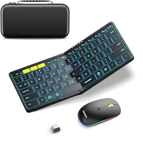 Foldable Keyboard and Mouse, Samsers Folding Bluetooth Keyboard Mouse Combo with Backlight, 2.4G + BT5.0 x 2, Full-Size Travel Keyboard & Portable Wireless Mouse for Windows iOS Mac OS Android - Black - color: BL Black