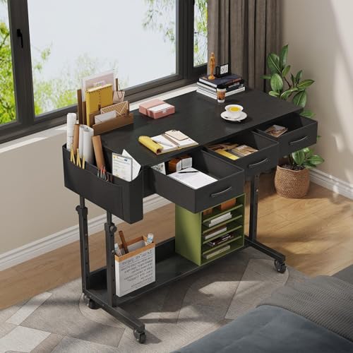 Rolling Standing Desk Adjustable Height with Drawers, 40 Inch Mobile Stand Up Portable Teacher Desks on Wheels for Classroom, Couch Sofa Side Laptop Table with Storage for Bedroom Home Office, Black - color: Black, size: 39.5"