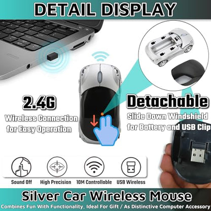 Silver Car Mouse，1600DPI 2.4G with USB Reciver Computer Mice for Computer Wireless Computer Mouse Wireless Cute Wireless Mouse for Laptop Tablet for Windows Mac OS（Silver） - color: Silver