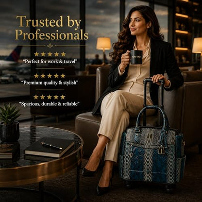 Rolling Laptop Bag for Women with Wheels & Handle Luxury Pure Leather Embossed Work Bag with Laptop Sleeve Travel Briefcase - color: Teal & Shadow