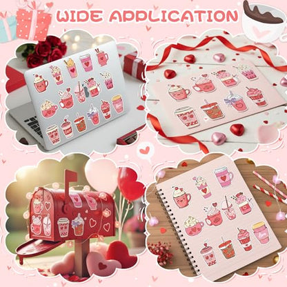 Haooryx Valentine's Day Latte Sticker - 1000 Pcs Romantic Pink Coffee Latte Heart Cream Letter Scrapbook Stickers 2 Roll Self-adhesive Waterproof Vinyl Decals Junk Jounal Valentine Gift Party Supplies - style: Romantic