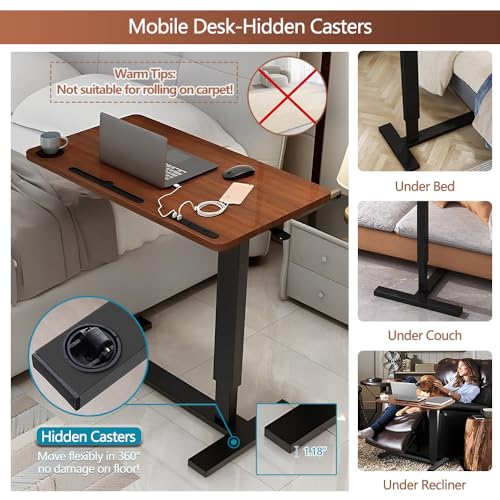 BeGyoku Overbed Table,Hospital Bed Table,Pneumatic Bedside Table Adjustable Over the Bed with Hidden Wheels&USB,Mobile Laptop Cart&Rolling Tray Table Hospital Home Use-Walnut - color: Walnut-32" L X 16" W