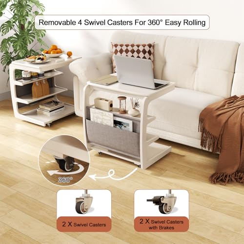 AQIMUELE Rolling Side Table, C Shaped End Table, C Table with 4 Wheels Solid Wood Small Rolling Desk with Adjustable Desktop,C Shaped End Table for Couch,Home Office(15.6" D x 23.6" W x 24.3" H) - color: White, size: 15.6"D x 23.6"W x 24.8"H, style: Moder