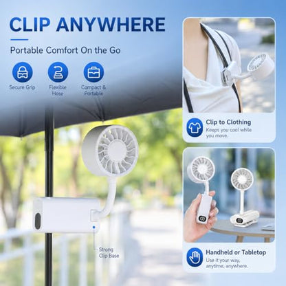 Rechargeable Clip-on Fan with 360° Flexible Hose, Portable Handheld Desk Fan with LED Display, Stepless Speed Adjustment, 4000mAh Battery Powered Personal Fan for Stroller, Office, Car, Camping, Home