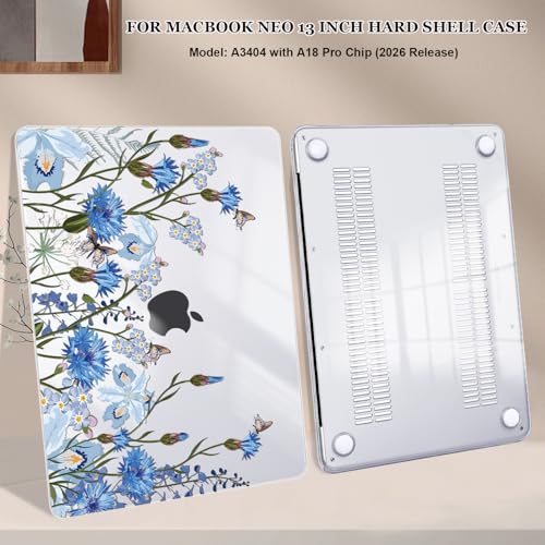 Compatible with MacBook Neo 13 inch Case 2026 (Model A3404), Printed Pattern Hard Shell Laptop Case with Keyboard Cover & Screen Film, Slim Plastic Protective Cover, Tropical Blue Flowers - color: Tropical Blue Flowers