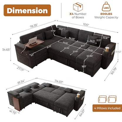 100" Modular Sectional Sleeper Sofa with Pull Out Bed/Side Table/USB Charging/Storage Chaise, U Shaped 7 Seat Corduroy Sofa with Storage Armrests/Cup Holders, Comfy Convertible Cloud Couch, Grey