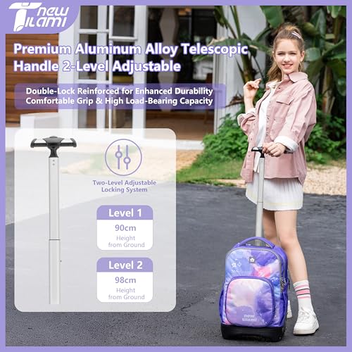 NEW TILAMI 18 Inch Rolling Backpack with Lunch Bag for Girls Boys School | 6-Wheel Stair-Climbing Girls Boys Carry-on Suitcase Water-Resistant Adjustable Trolley Handle Wheels School Travel Camping - color: Purple Sky