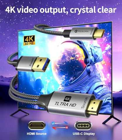 Reborn HDMI to USB C Cable Adapter [6FT 4K@60Hz], Uni-Directional HDMI (Source) to USB-C (Monitor) with USB Power for AR Glasses XREAL One、Air 2 Pro/VITURE Pro/RayNeo Air 2s,PS5,Portable Monitors - size: 6FT