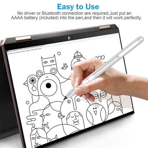 Stylus Pen for HP Omnibook X Flip Envy/Pavilion/Spectre x360 300Day Battery | Active Stylus Pen with Smooth Writing, MPP 1.51 Tilt Pen with Pressure Sensitivity & Palm Rejection for Drawing, Note-Taking - color: silver