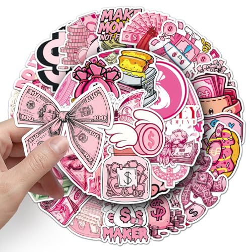 50Pcs Pink Money Stickers Y2K Vinyl Set | Aesthetic money themed waterproof vinyl decals for laptops, water bottles,phone cases, DIY crafts and personal decor. - style: Pink Money Stickers