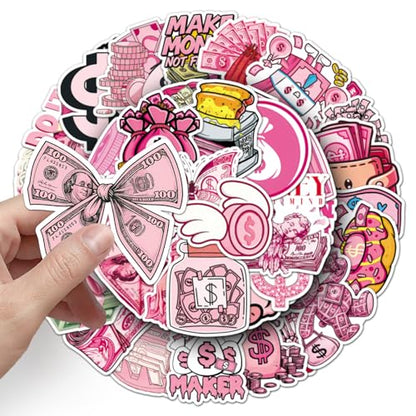 50Pcs Pink Money Stickers Y2K Vinyl Set | Aesthetic money themed waterproof vinyl decals for laptops, water bottles,phone cases, DIY crafts and personal decor. - style: Pink Money Stickers
