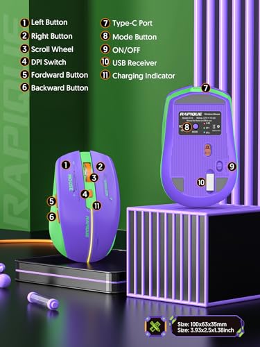 RAPIQUE Bluetooth Wireless Mouse - (BT1/BT2+USB Receiver) Dual Mode, Rechargeable, Quiet Click, Multi-Device Compatibility for Laptop, Computer, MacBook, Tablet (Purple and Green) - color: Purple and Green