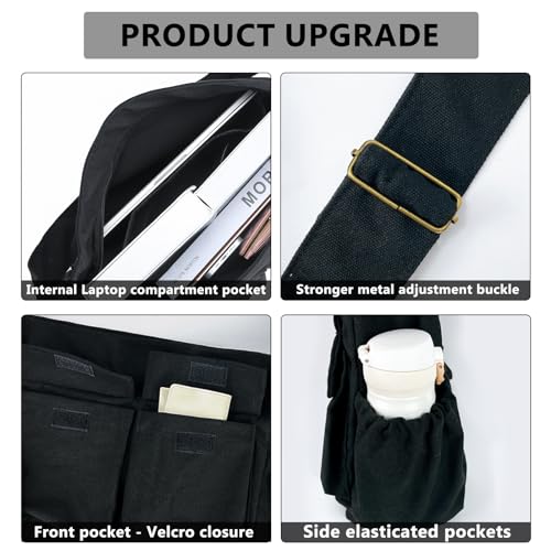 VODIU Canvas Messenger Bag Large Hobo Crossbody bags for Women,Men, Shoulder Tote Handbags with Laptop pocket - color: Black-1