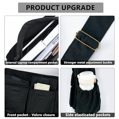 VODIU Canvas Messenger Bag Large Hobo Crossbody bags for Women,Men, Shoulder Tote Handbags with Laptop pocket - color: Black-1