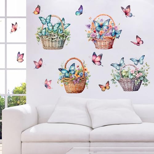 Flower Basket Butterfly Wall Stickers Bedroom Bathroom Restroom Cistern Nursery Decor DIY Removable Bouquet Toilet Seat Lid Decals 4 Pcs (Green) - color: Green