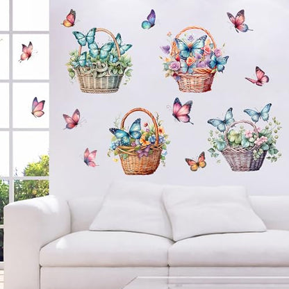 Flower Basket Butterfly Wall Stickers Bedroom Bathroom Restroom Cistern Nursery Decor DIY Removable Bouquet Toilet Seat Lid Decals 4 Pcs (Green) - color: Green