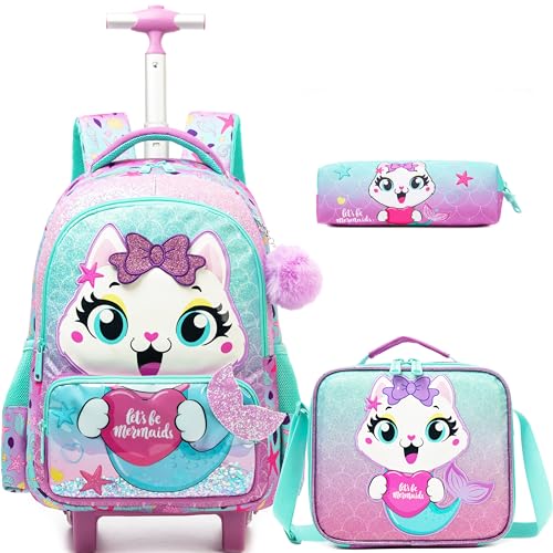 Meetbelify Cute Cat Rolling Backpack with Wheels for Elementary Preschool Students Kids Travel Luggage Carry on Backpack for Girls Ages 6-8 - color: 01 Mermaid Cat