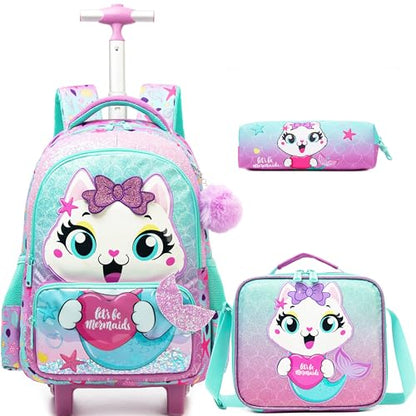 Meetbelify Cute Cat Rolling Backpack with Wheels for Elementary Preschool Students Kids Travel Luggage Carry on Backpack for Girls Ages 6-8 - color: 01 Mermaid Cat