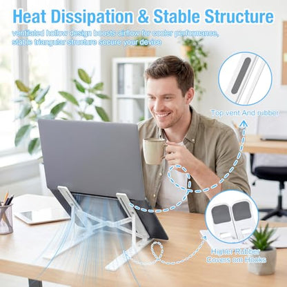 Marte Vanci Laptop Stand for Desk, Portable Computer Riser with 10 Adjustable Levels, Foldable Notebook Holder Ergonomic Ventilated Cooling ABS Computer Stand for Laptops Tablets White - color: White